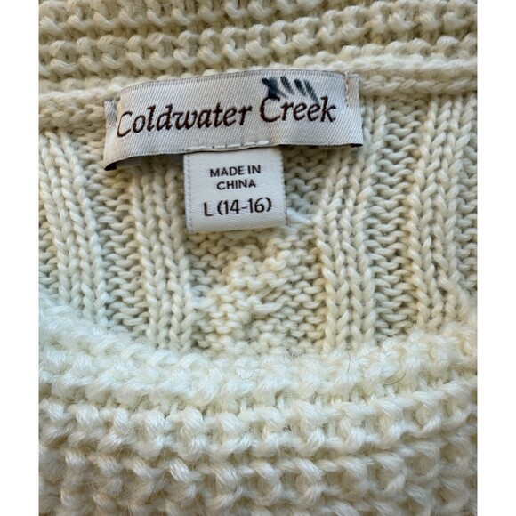 Coldwater Creek Cable Knit Cowl Neck Sweater Large Cream Wool Blend Elbo… - Picture 3 of 8